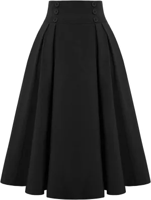 Uillui Womens Casual Stretchy Midi Skirt Vintage Button Elastic High Waisted Pleated A-Line Skirts Elegant Below Knee Skirt