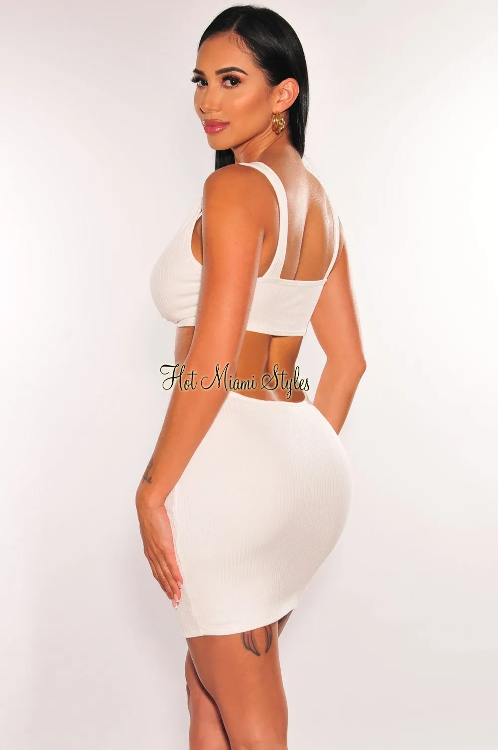 White Ribbed Sleeveless Knotted Cut Out Mini Dress