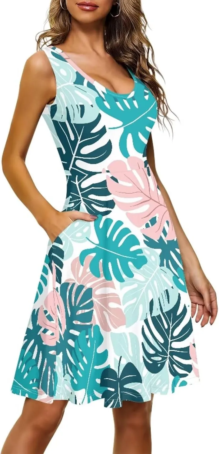 Women Casual Dresses Beach Cover Up Stretchy Sun Dress Sleeveless Swing Dresses with Pockets Holiday Party Dress