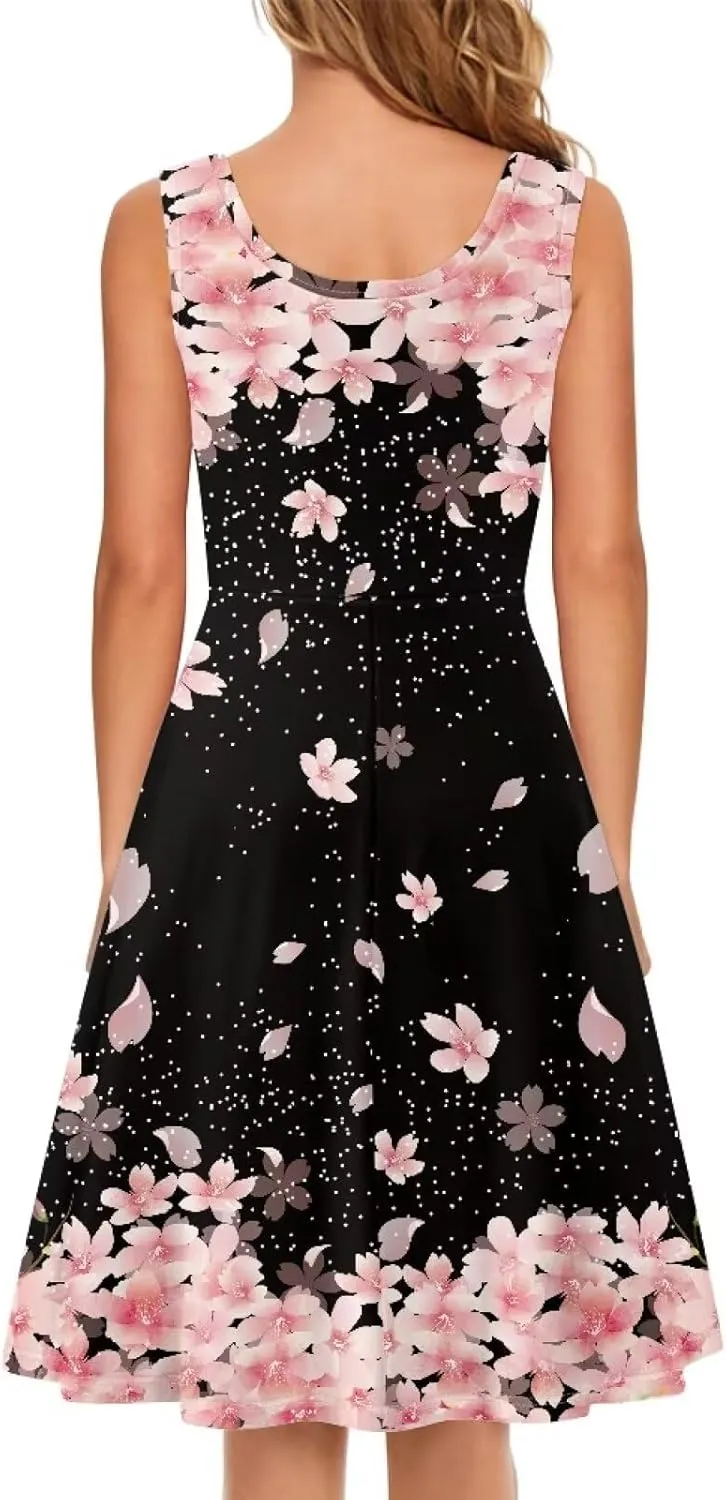 Women Casual Dresses Beach Cover Up Stretchy Sun Dress Sleeveless Swing Dresses with Pockets Holiday Party Dress