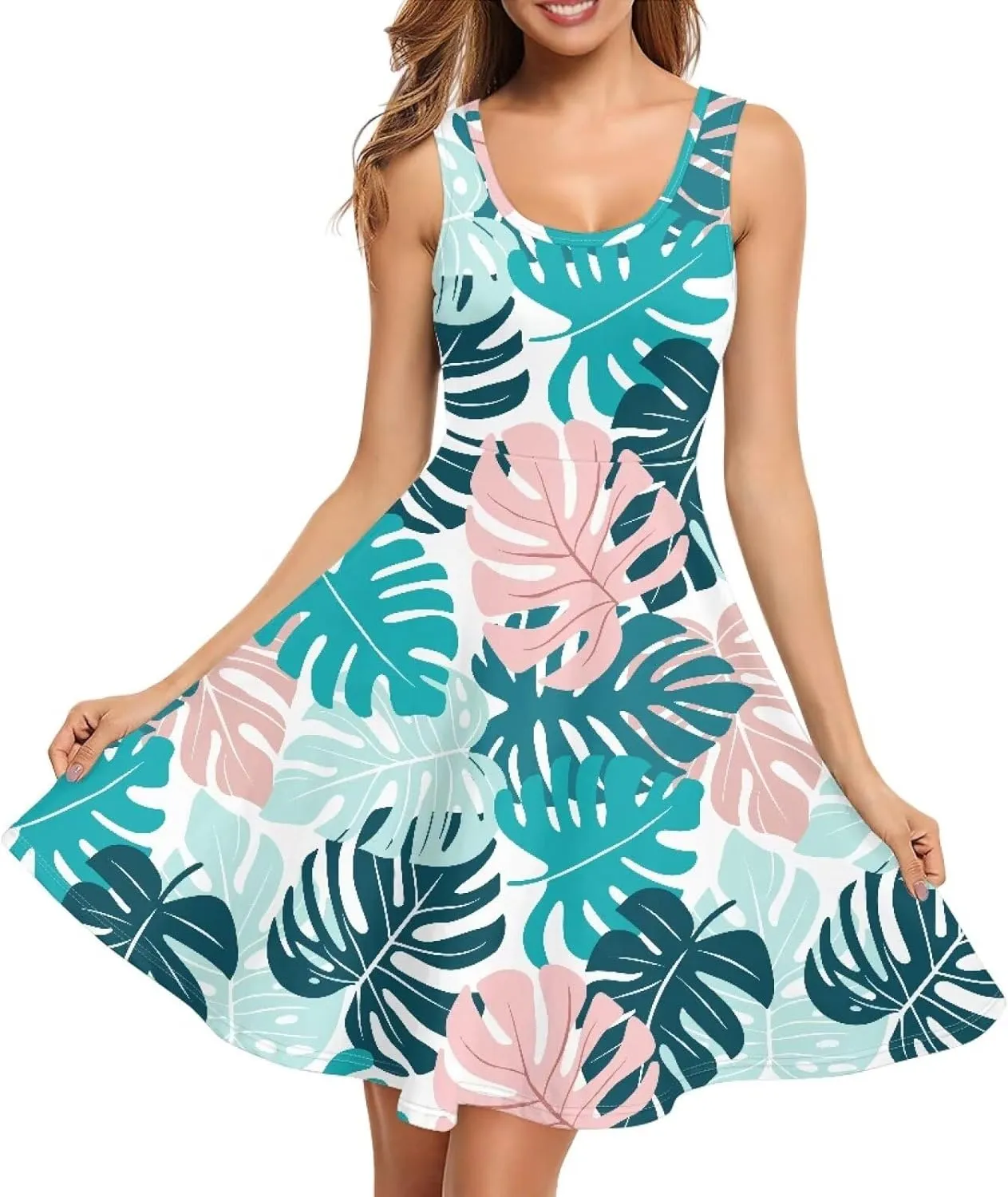 Women Casual Dresses Beach Cover Up Stretchy Sun Dress Sleeveless Swing Dresses with Pockets Holiday Party Dress