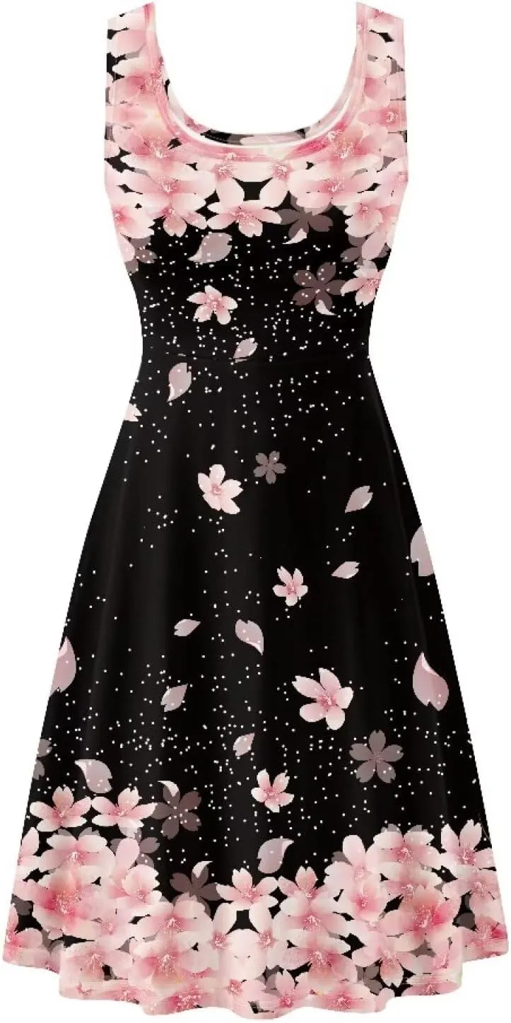 Women Casual Dresses Beach Cover Up Stretchy Sun Dress Sleeveless Swing Dresses with Pockets Holiday Party Dress