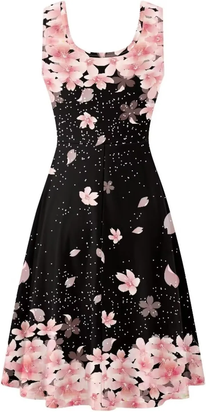 Women Casual Dresses Beach Cover Up Stretchy Sun Dress Sleeveless Swing Dresses with Pockets Holiday Party Dress