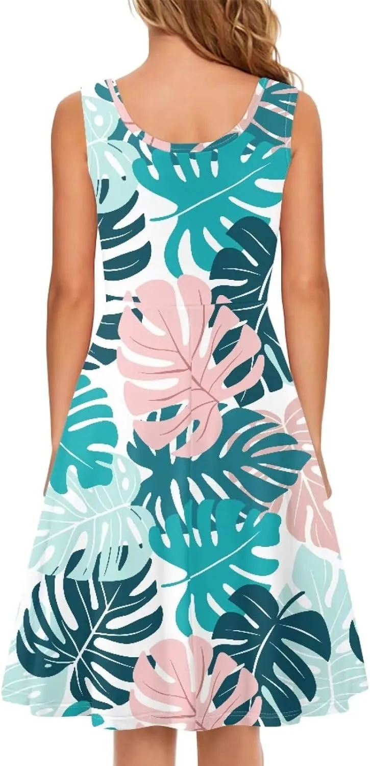 Women Casual Dresses Beach Cover Up Stretchy Sun Dress Sleeveless Swing Dresses with Pockets Holiday Party Dress