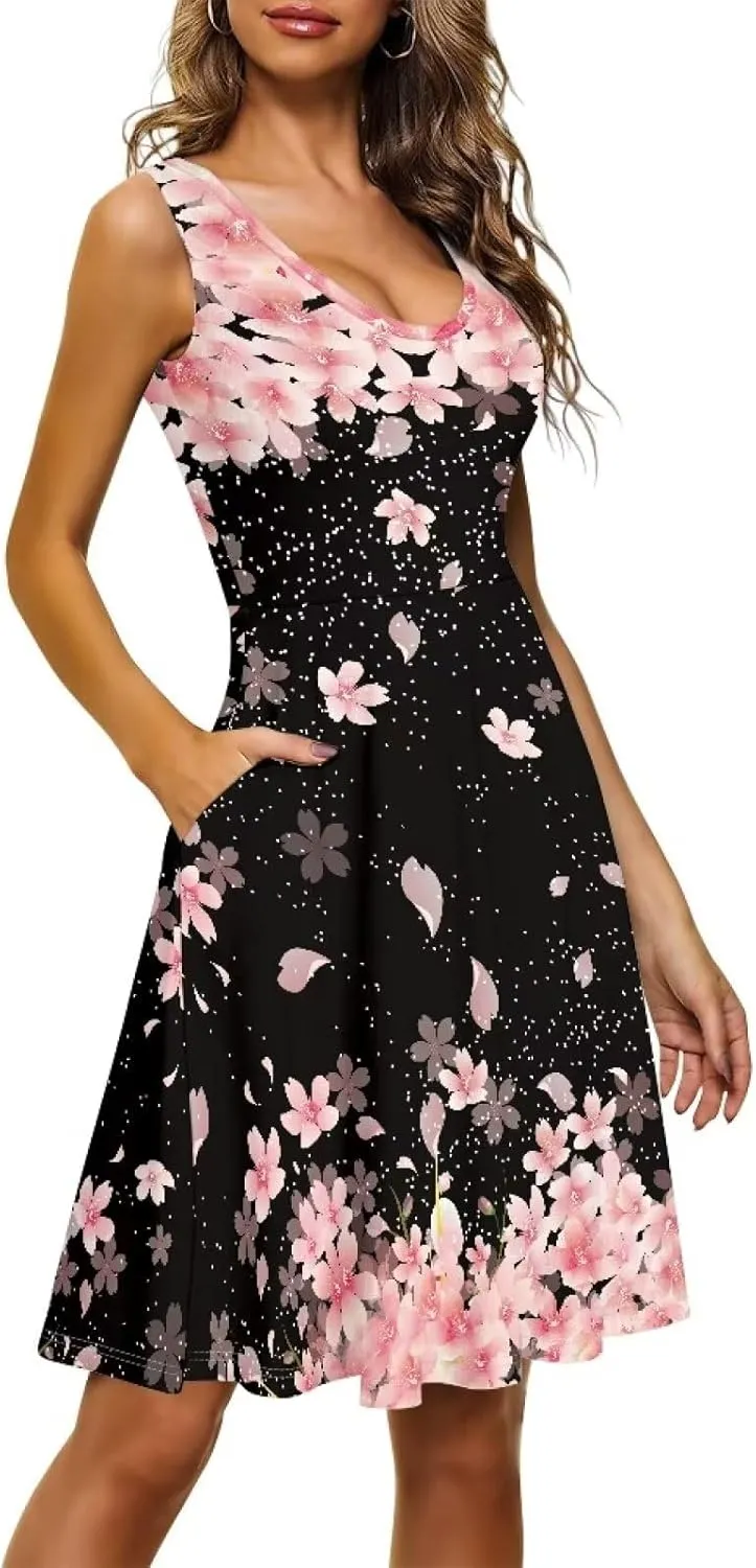 Women Casual Dresses Beach Cover Up Stretchy Sun Dress Sleeveless Swing Dresses with Pockets Holiday Party Dress