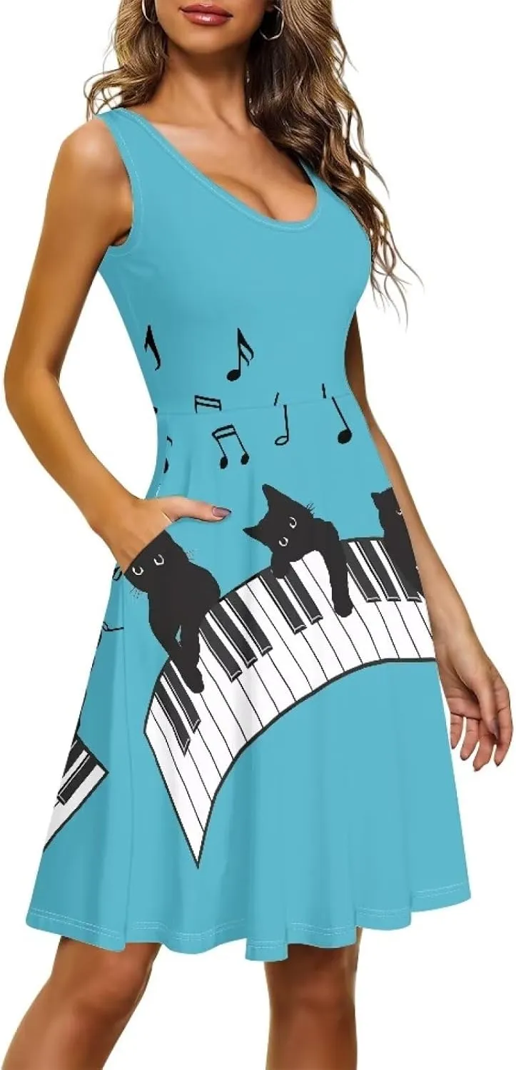 Women Casual Dresses Beach Cover Up Stretchy Sun Dress Sleeveless Swing Dresses with Pockets Holiday Party Dress