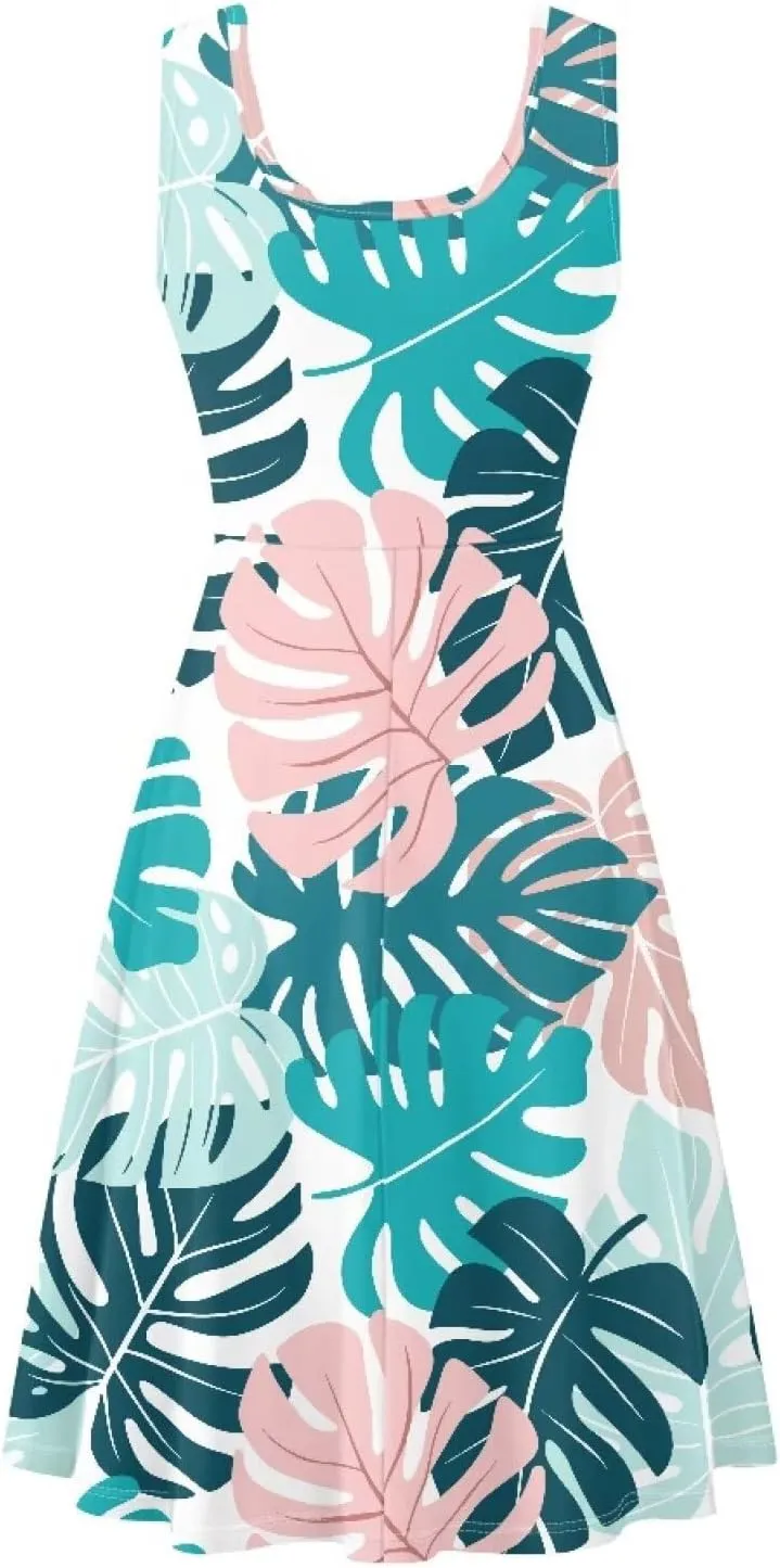 Women Casual Dresses Beach Cover Up Stretchy Sun Dress Sleeveless Swing Dresses with Pockets Holiday Party Dress