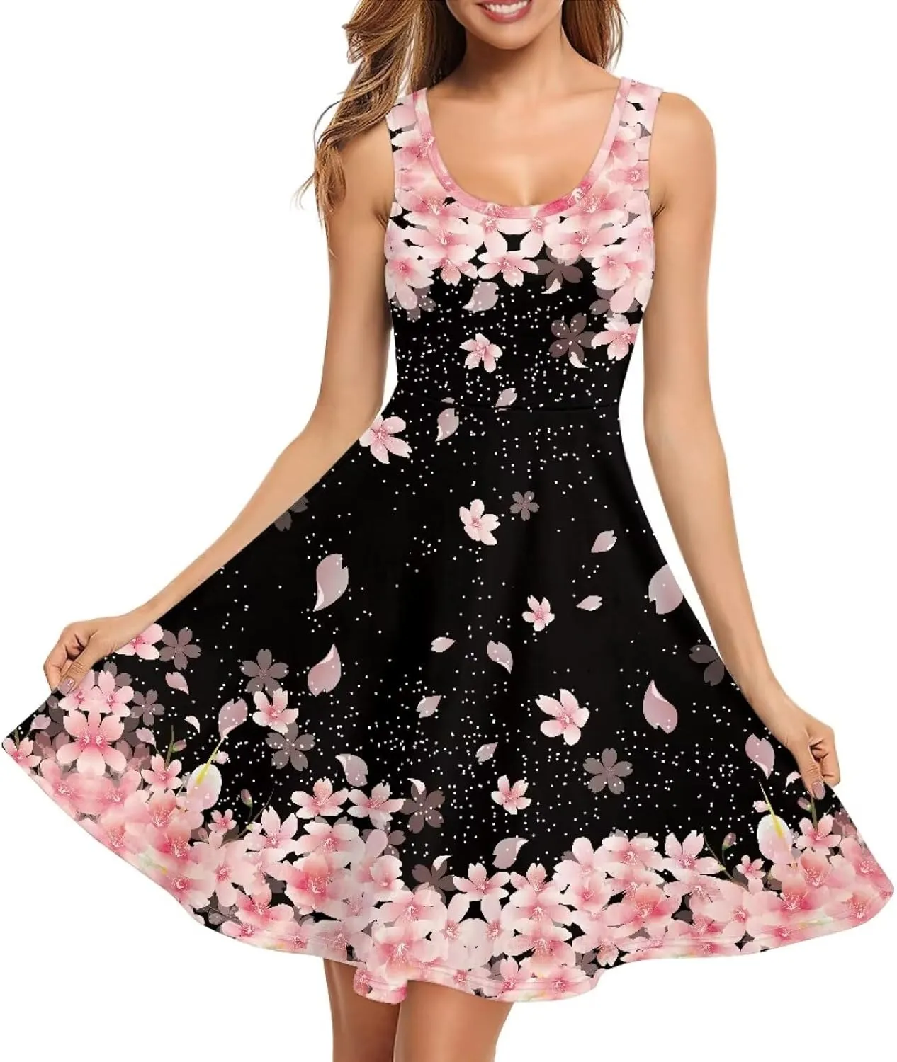 Women Casual Dresses Beach Cover Up Stretchy Sun Dress Sleeveless Swing Dresses with Pockets Holiday Party Dress