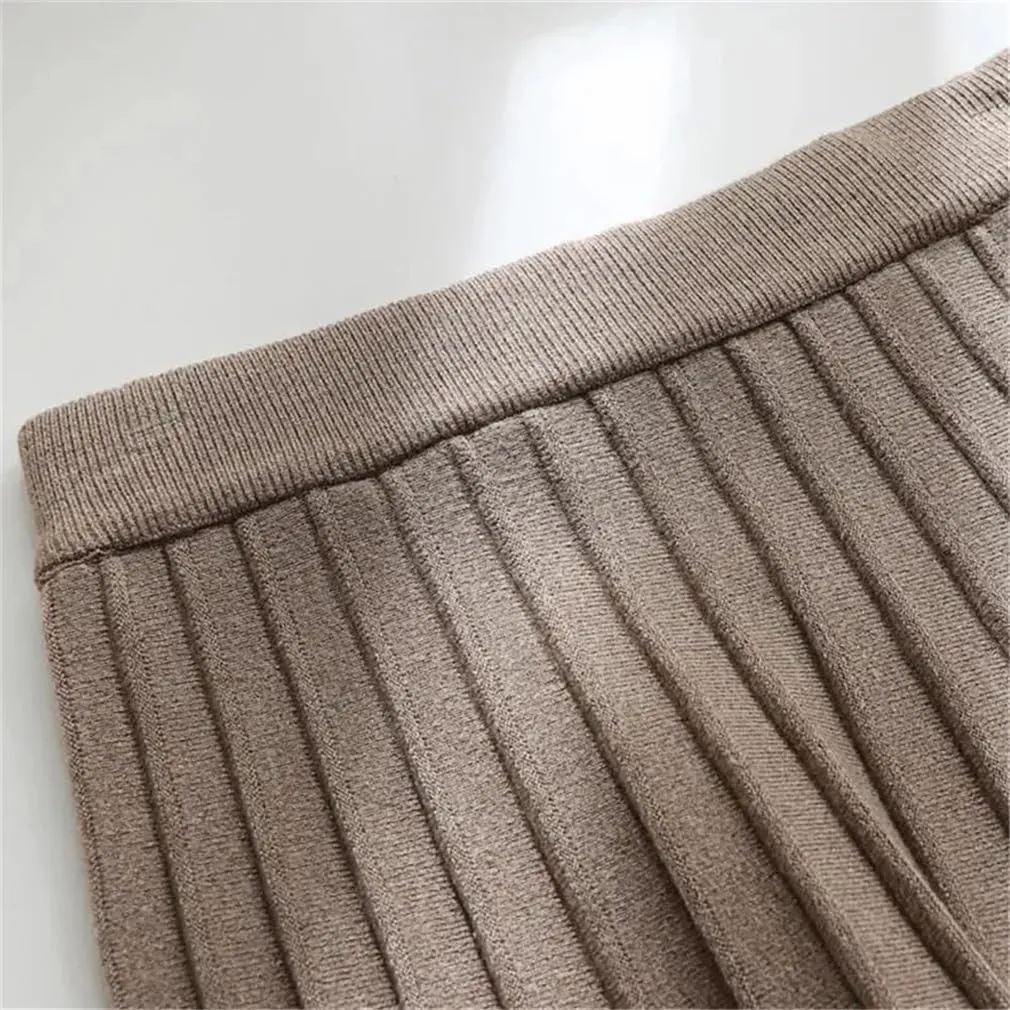 Women Knitted Midi Skirt Elegant High Waist A-Line Pleated Long Skirt Spring Stretchy Sweater Skirt