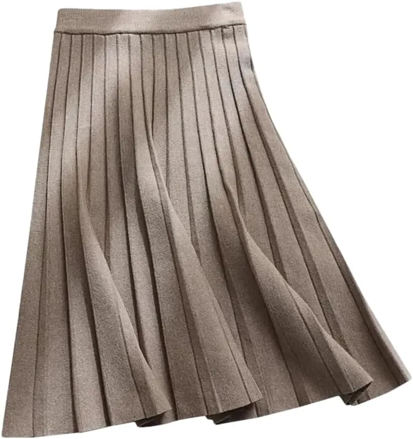 Women Knitted Midi Skirt Elegant High Waist A-Line Pleated Long Skirt Spring Stretchy Sweater Skirt
