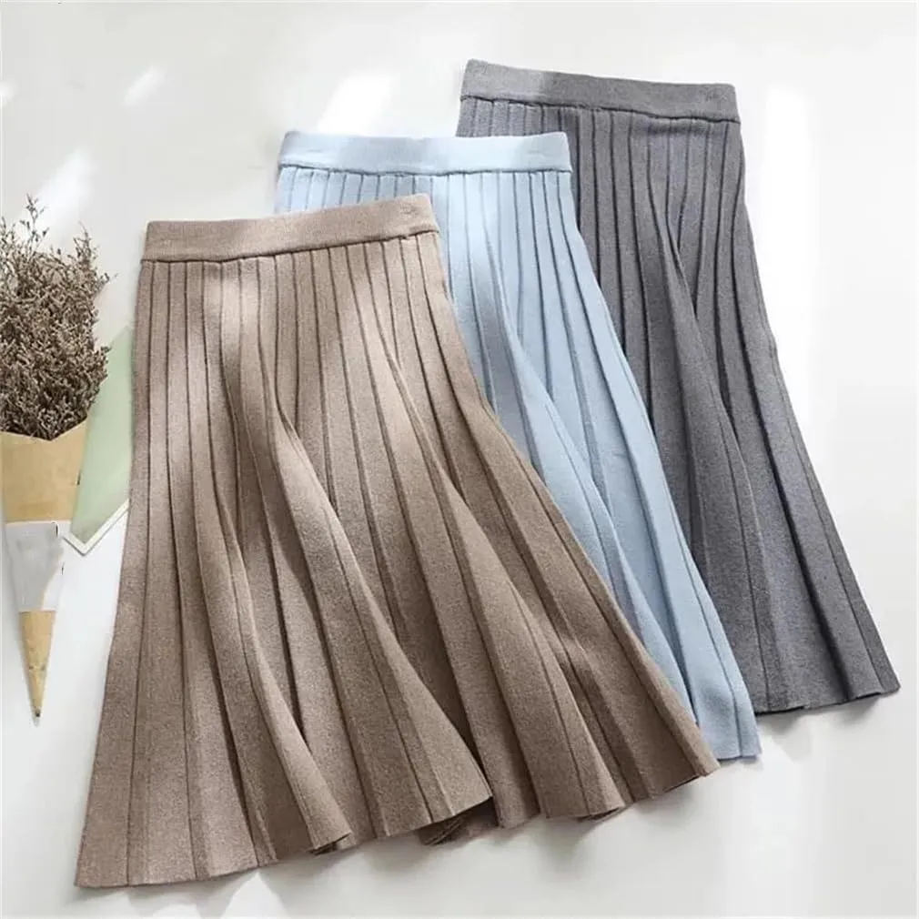 Women Knitted Midi Skirt Elegant High Waist A-Line Pleated Long Skirt Spring Stretchy Sweater Skirt