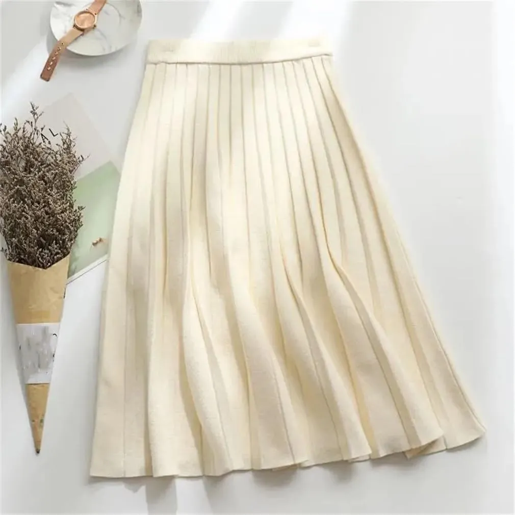 Women Knitted Midi Skirt Elegant High Waist A-Line Pleated Long Skirt Spring Stretchy Sweater Skirt