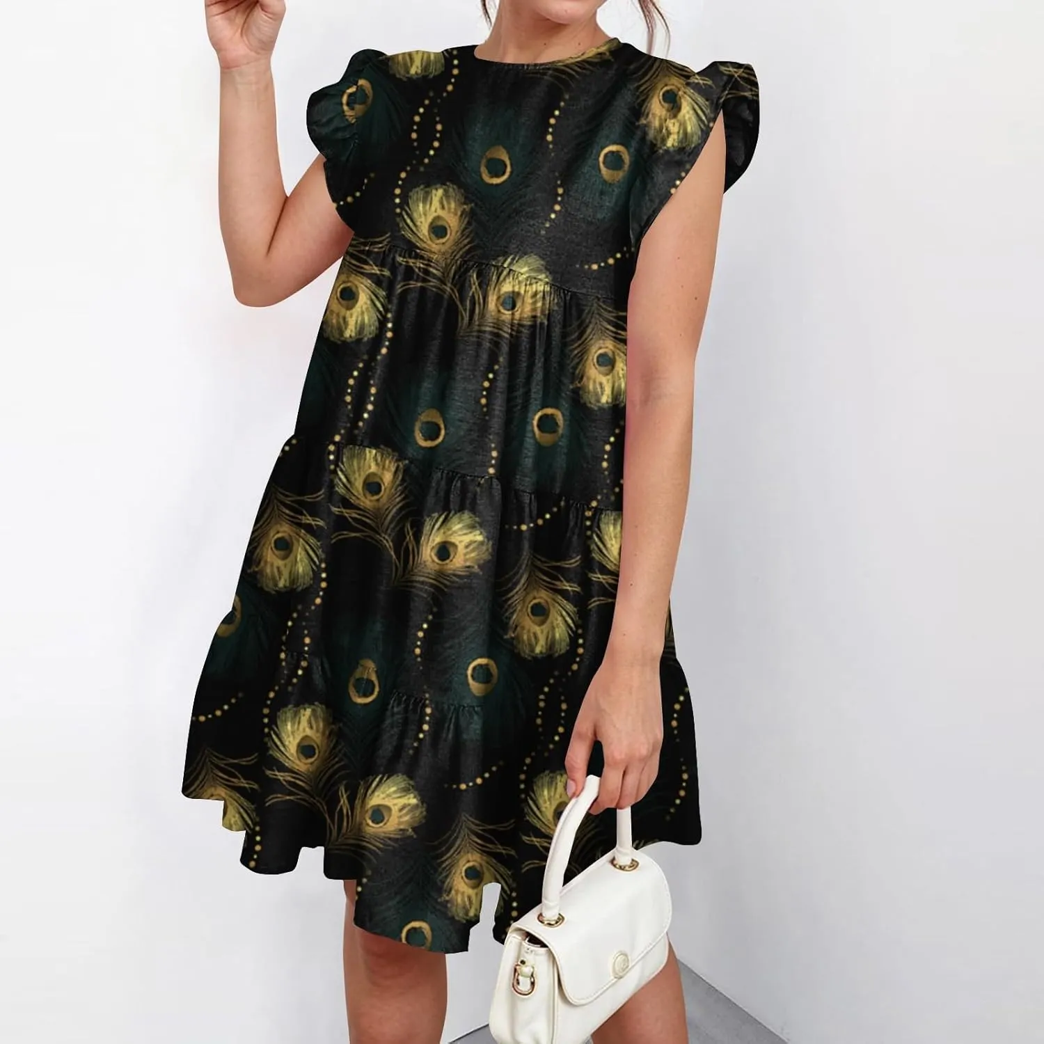 Womens 2025 Floral Summer Dress Crewneck Ruffled Hem Geometric Print Sundress with Stretchy Waist Beach Vacations