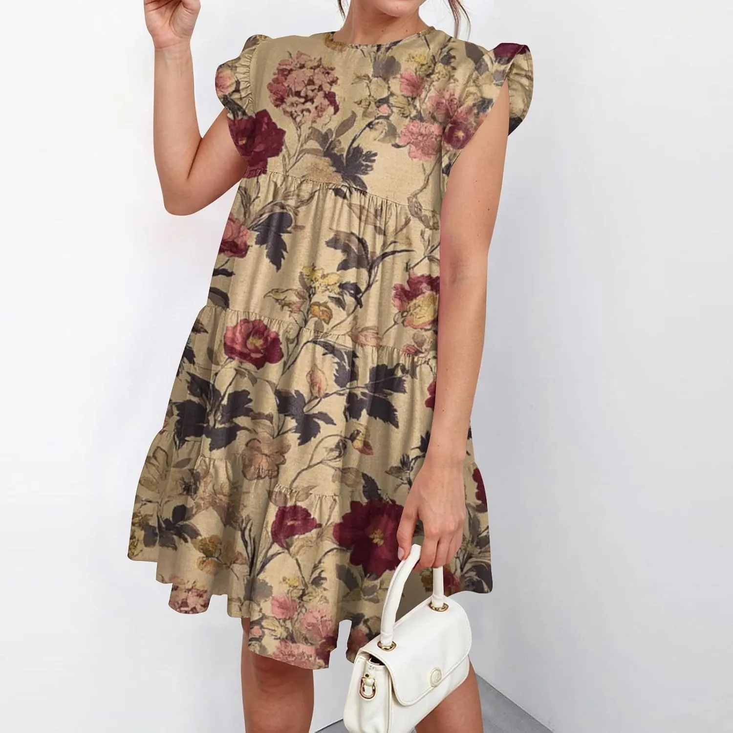 Womens 2025 Floral Summer Dress Crewneck Ruffled Hem Geometric Print Sundress with Stretchy Waist Beach Vacations