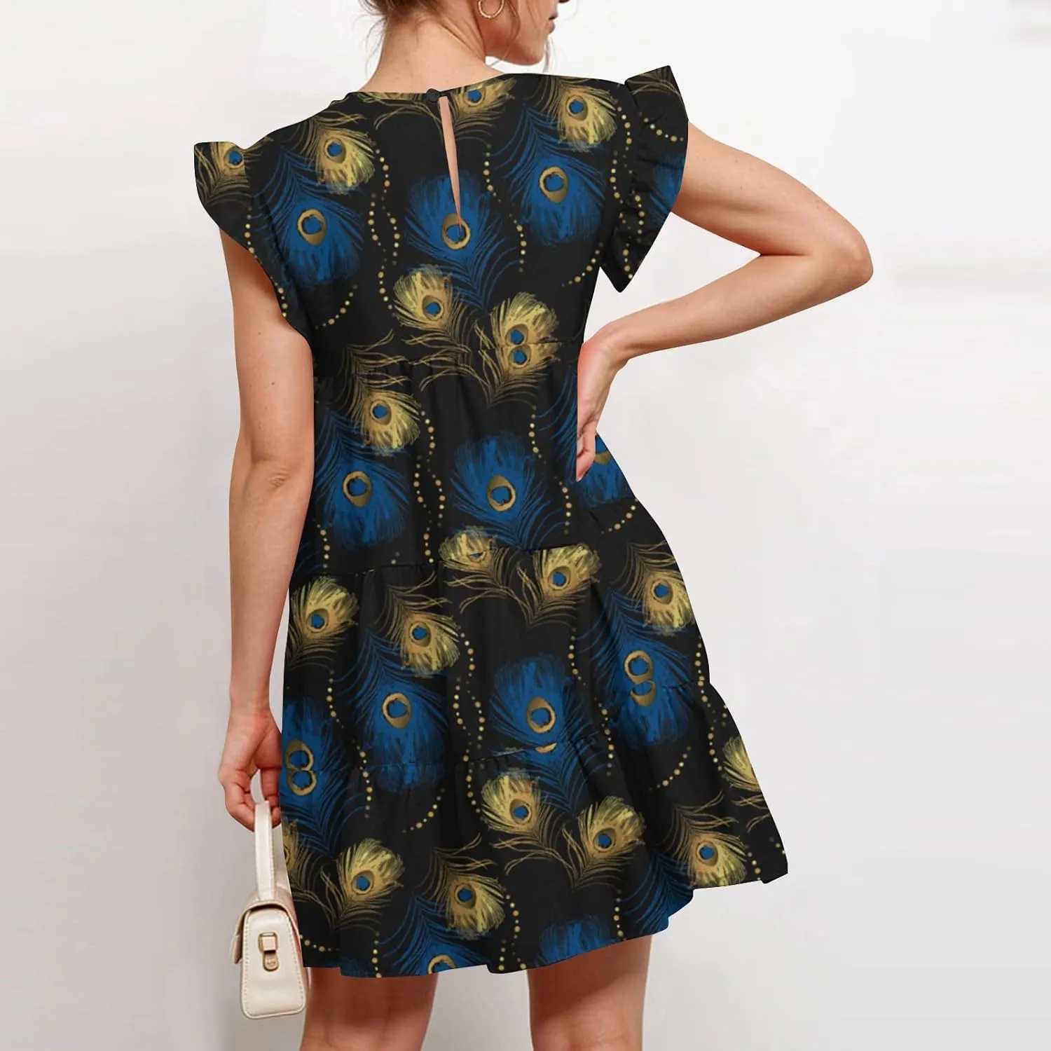 Womens 2025 Floral Summer Dress Crewneck Ruffled Hem Geometric Print Sundress with Stretchy Waist Beach Vacations