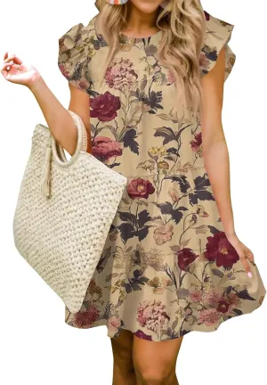 Womens 2025 Floral Summer Dress Crewneck Ruffled Hem Geometric Print Sundress with Stretchy Waist Beach Vacations