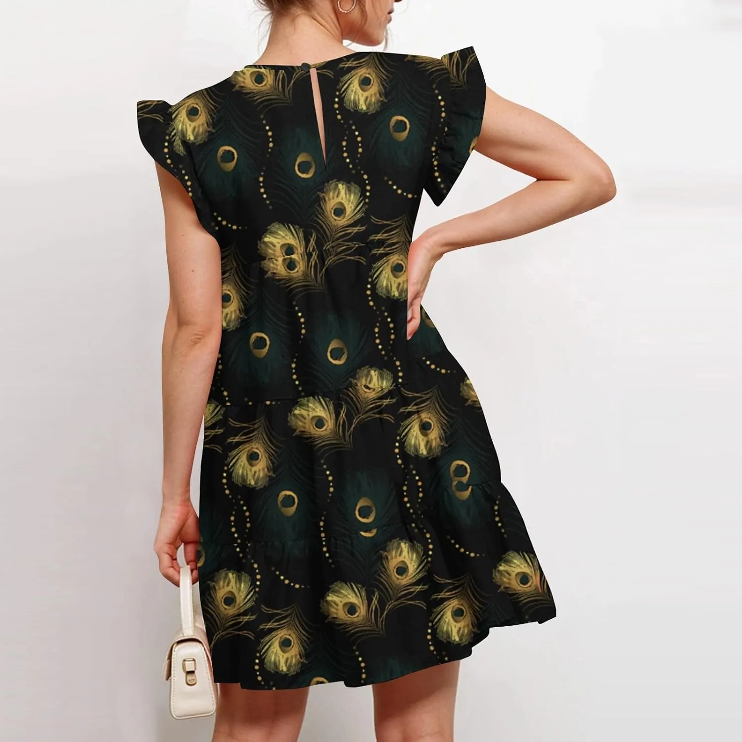 Womens 2025 Floral Summer Dress Crewneck Ruffled Hem Geometric Print Sundress with Stretchy Waist Beach Vacations