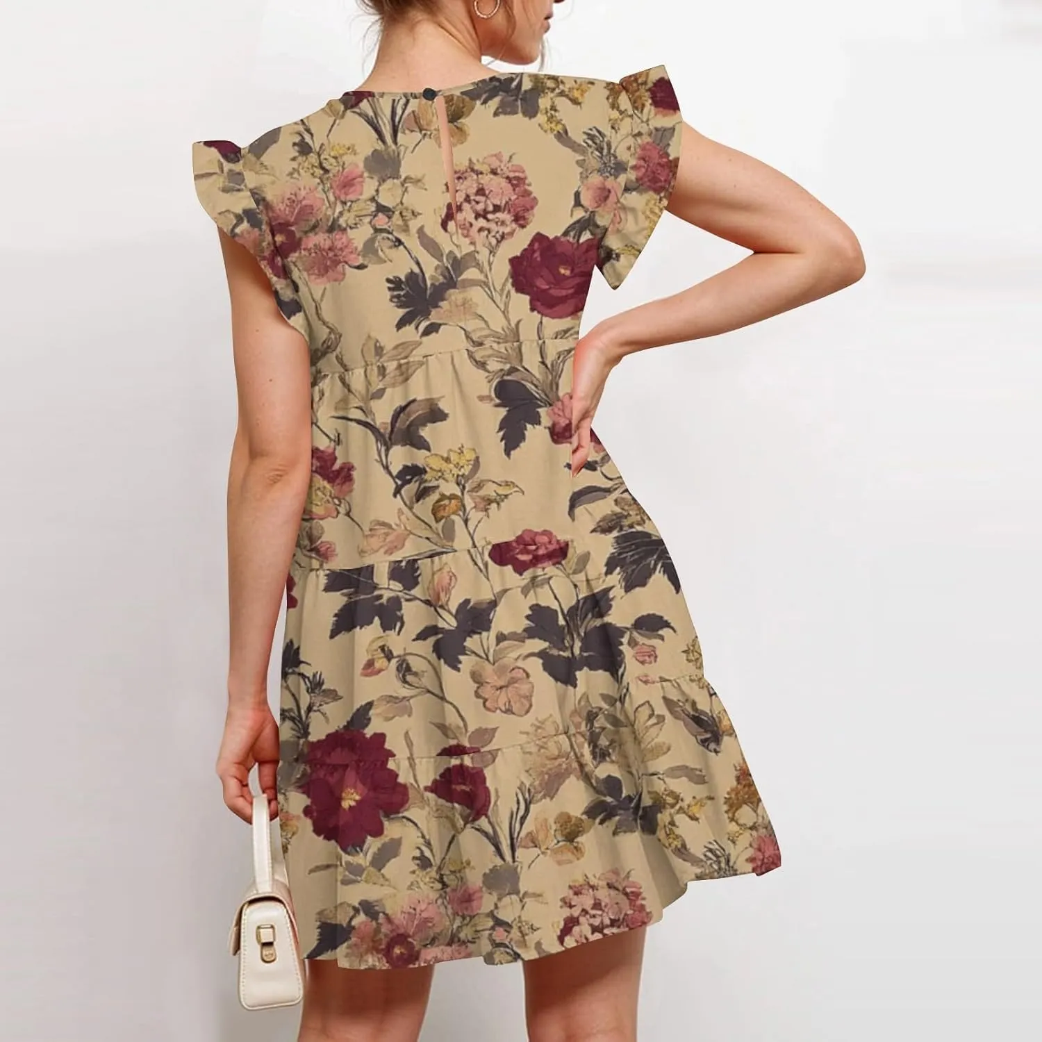 Womens 2025 Floral Summer Dress Crewneck Ruffled Hem Geometric Print Sundress with Stretchy Waist Beach Vacations