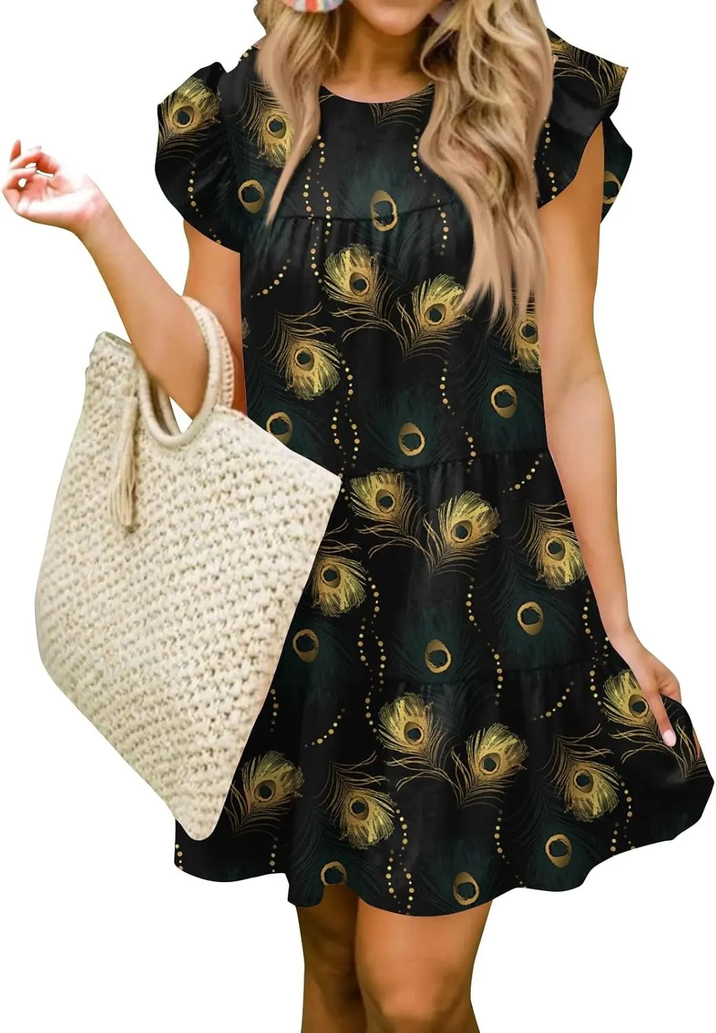 Womens 2025 Floral Summer Dress Crewneck Ruffled Hem Geometric Print Sundress with Stretchy Waist Beach Vacations