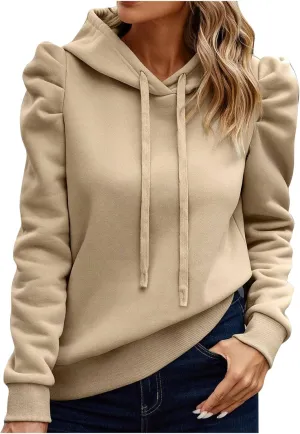 Womens Fashion Hoodies Long Sleeve Drawstring Solid Color Thickening Pullover Fall Winter Trendy Shoulders Sweatshirt