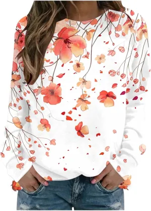 Womens Floral Shirts Long Sleeve Crewneck Sweatshirt Comfy Casual Trendy Fall Outfits Loose Fit Tunic Cute Tops