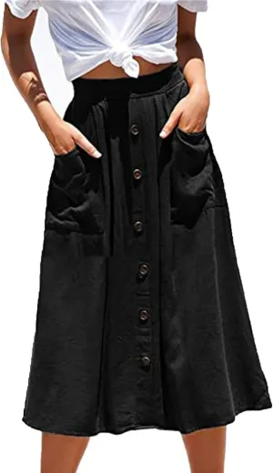 Women's High Waist Midi Skirt Vintage Elastic A-Line Pleated Button Front Skirts Casual Stretchy Skirts with Pockets