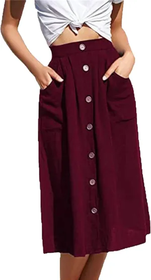 Women's High Waist Midi Skirt Vintage Elastic A-Line Pleated Button Front Skirts Casual Stretchy Skirts with Pockets