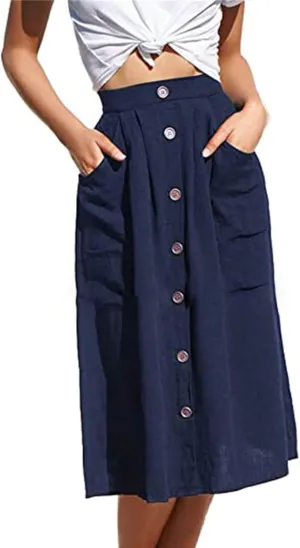 Women's High Waist Midi Skirt Vintage Elastic A-Line Pleated Button Front Skirts Casual Stretchy Skirts with Pockets
