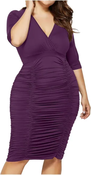 Womens Plus Size Bodycon Dress Half Sleeve Wrap V Neck Ruched Stretchy Midi Dresses Sexy Cocktail Party Formal Dresses
